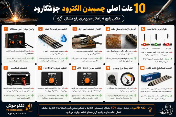 چرا الکترود جوشکاری می چسبد بلاگ ۱۰ علت اصلی چسبیدن الکترود جوشکاری