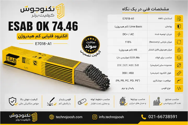 الکترود ایساب 7018A1 کد 74.46 مشخصات فنی الکترود ESAB OK 74.46