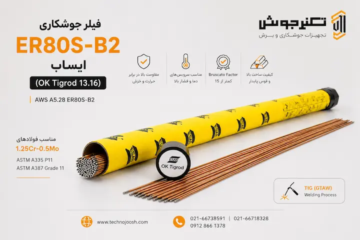 فیلر جوشکاری ER80S-B2 ایساب فیلر جوشکاری ER80S-B2 ایساب OK Tigrod 13.16 برای جوشکاری فولادهای 1.25Cr-0.5Mo