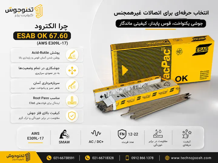الکترود استیل 309L17 ایساب کد 67.60 مزایای الکترود استیل ESAB OK 67.60 E309L-17