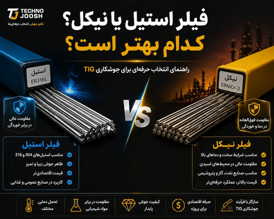 تفاوت فیلر استیل و نیکل در جوشکاری چیست؟ | راهنمای انتخاب حرفهای TIG بلاگ فیلر استیل و نیکل