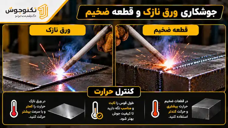 آموزش جوشکاری برق از صفر تا صد | آموزش عملی جوشکاری با الکترود آموزش مقایسه اصول جوشکاری ورق نازک و قطعه ضخیم